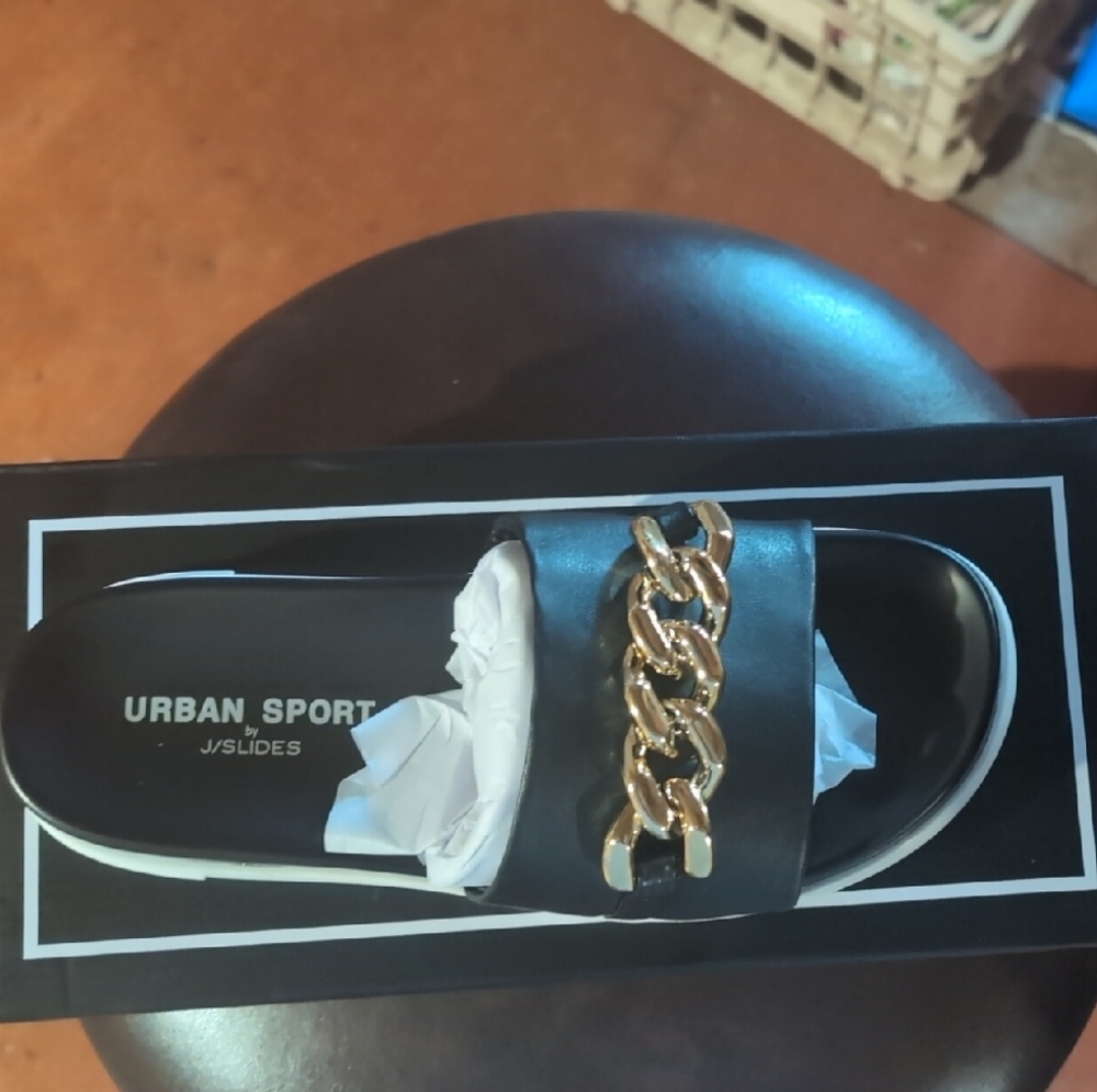Urban Sport Black Slide Sandals with Gold Chain